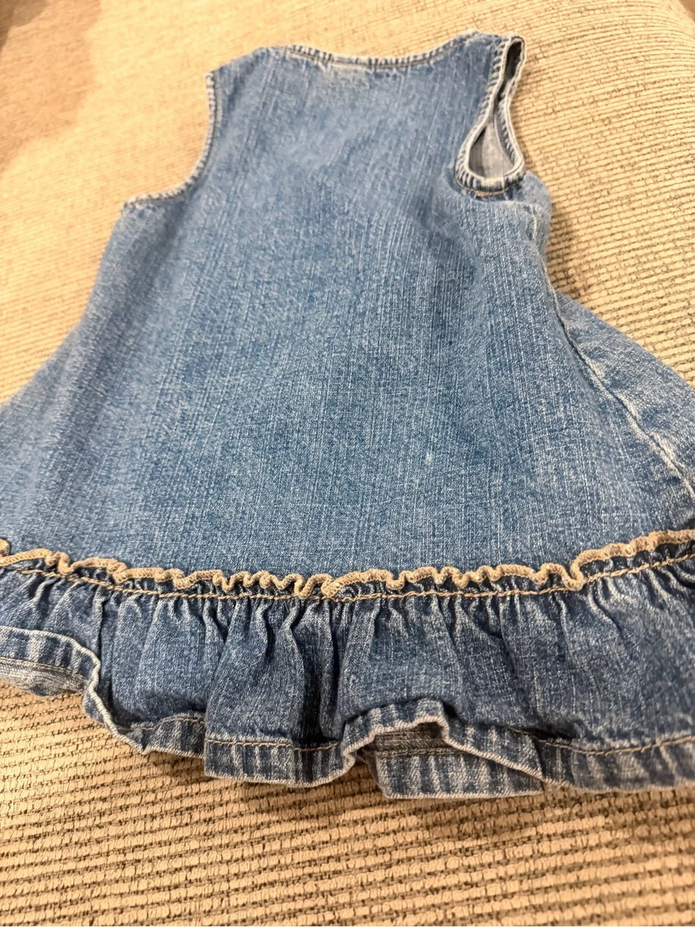OshKosh B'gosh Denim Overall Dress Floral Embroidery Ruffle Hem Wrap Snap 18 mth
